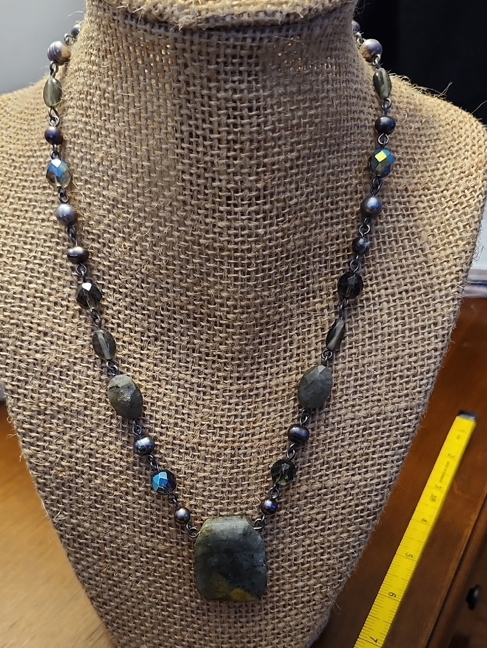 Lia Sophia Gray and Iridescent Beaded Pendant Necklace